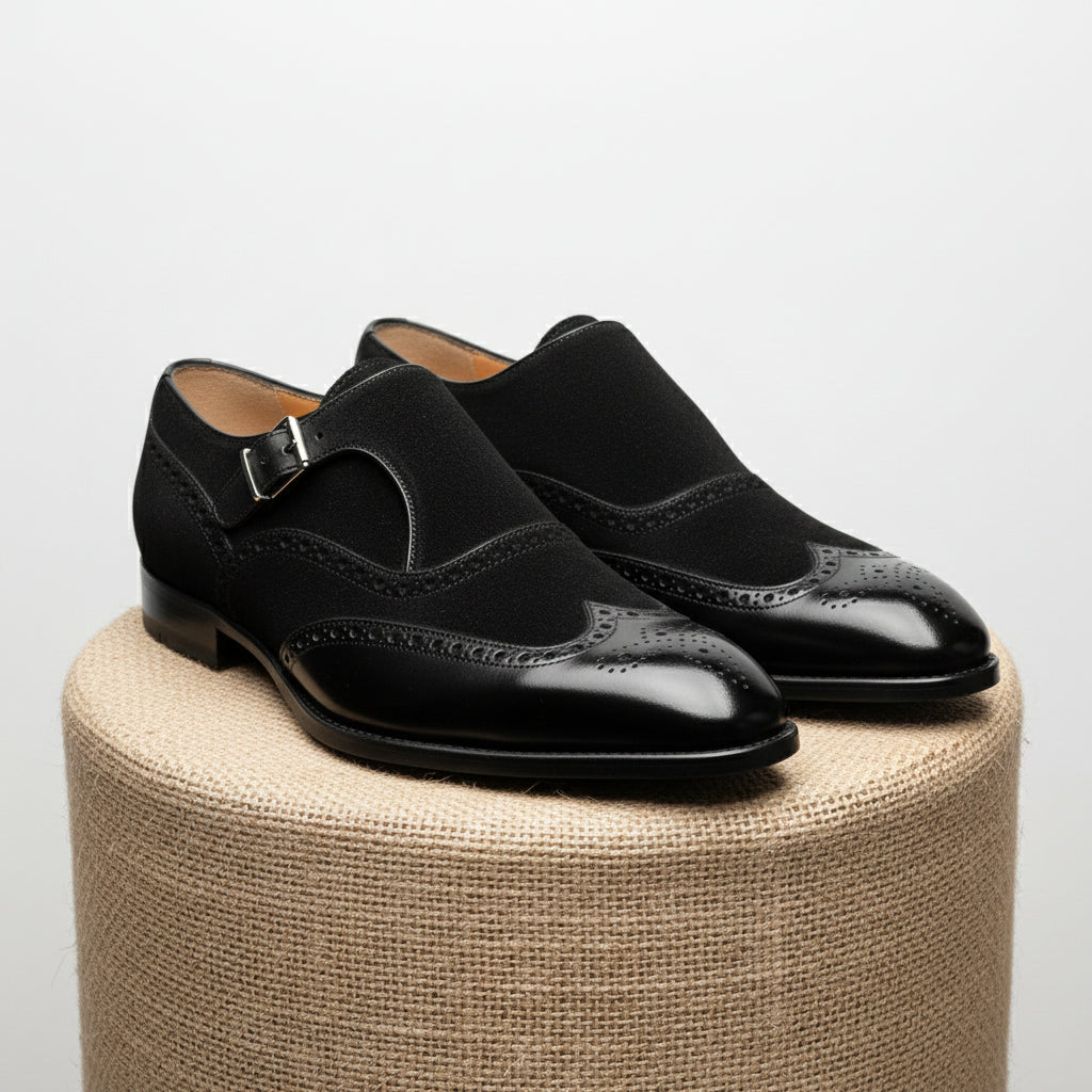 Men's Black Double-Buckle Monk Strap Leather and Suede Shoes - pedestal-view