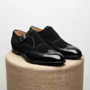 Men's Black Double-Buckle Monk Strap Leather and Suede Shoes - pedestal-view