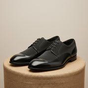 Men's Black Gray Moccasin Business Shoes, Real Leather Suede - pedestal-view