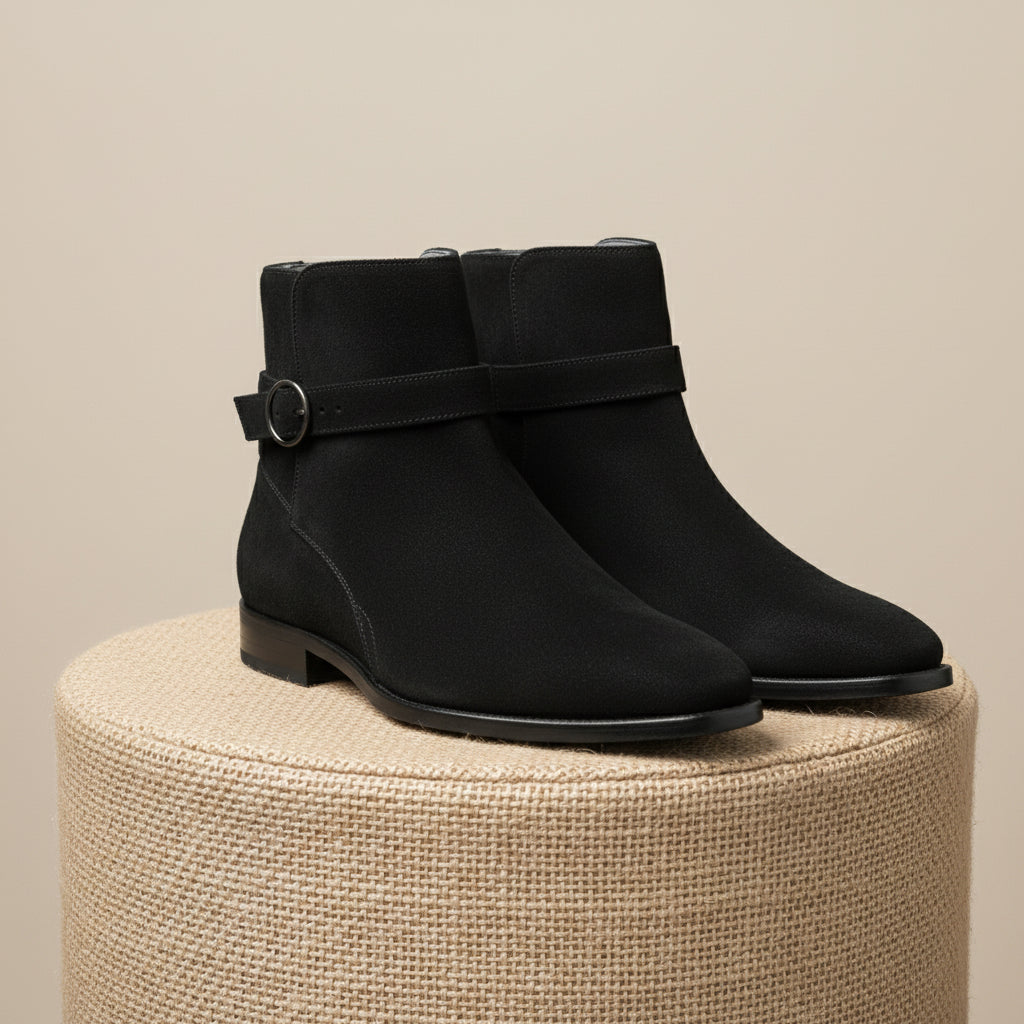 Men's Black Jodhpurs Ankle High Suede Boots - pedestal-view