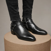 Men's Black Leather Ankle Boots with Side Zipper - pedestal-view