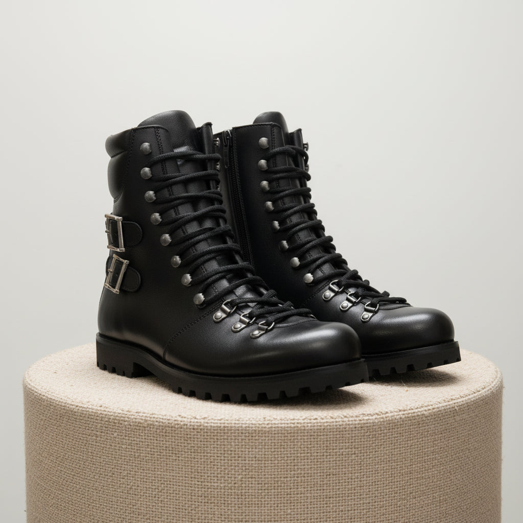 Men's Black Leather Biker Ankle Boots - pedestal-view