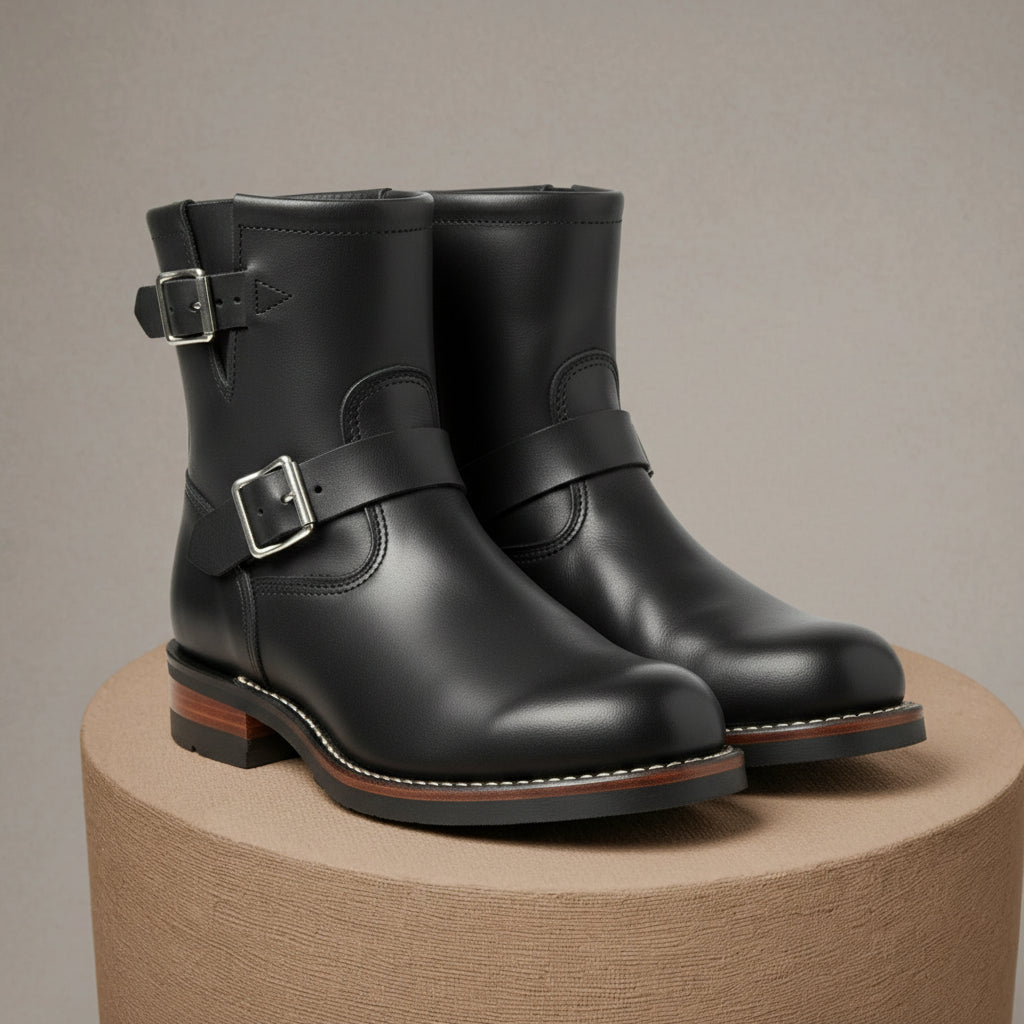 Men's Black Leather Biker Rider Boots - pedestal-view