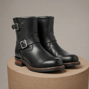 Men's Black Leather Biker Rider Boots - pedestal-view