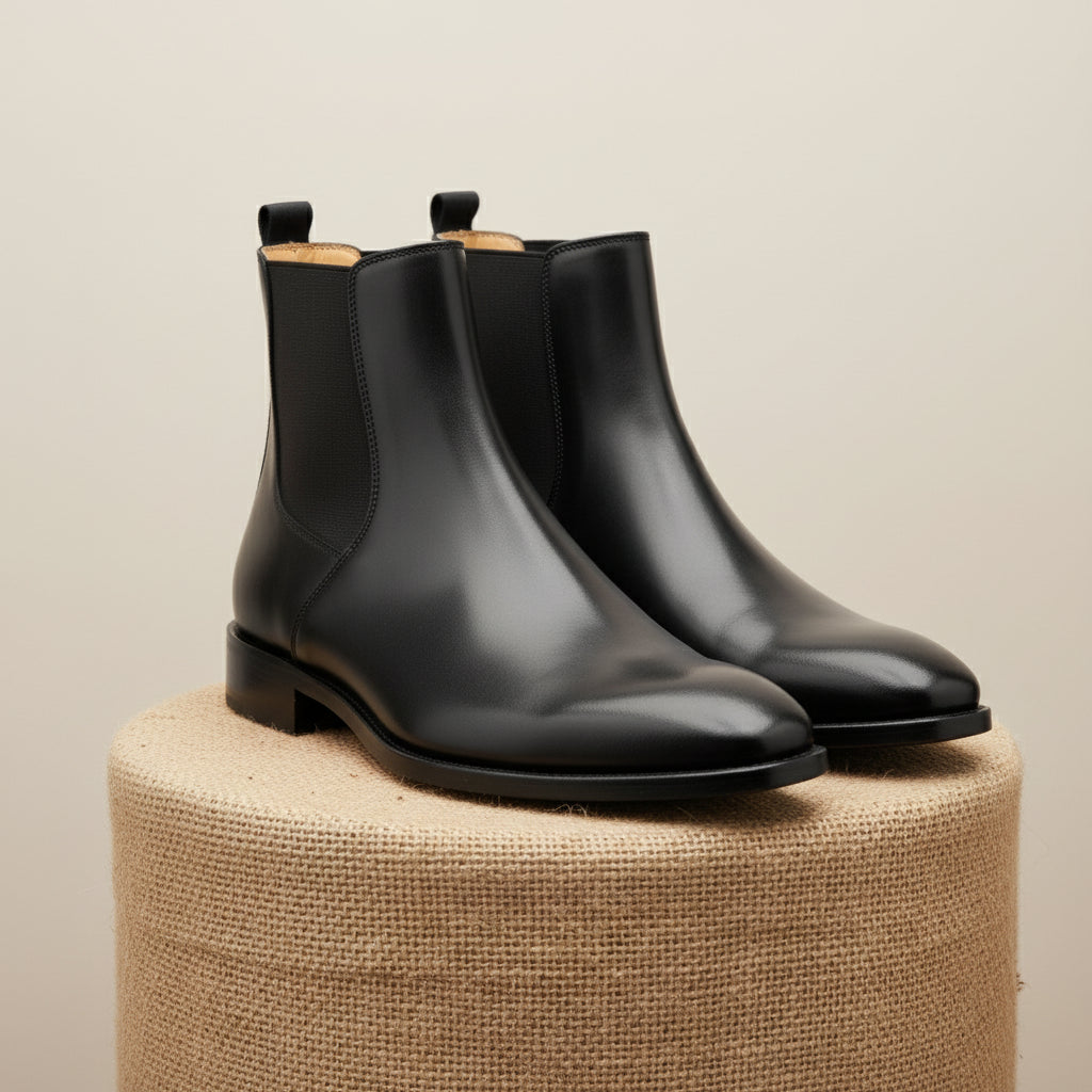 Men's Black Leather Chelsea Boots, Formal Ankle Boots - pedestal-view