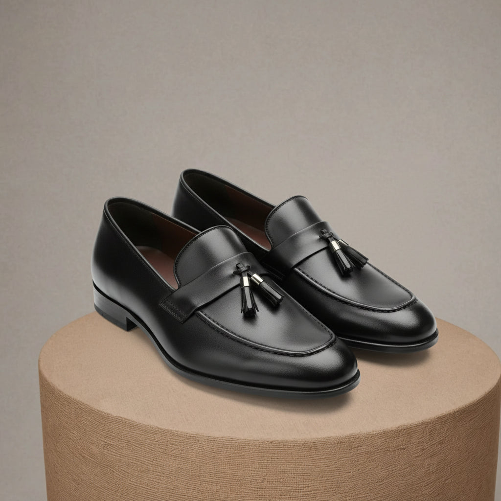 Men's Black Leather Moccasins with Tassels - pedestal-view