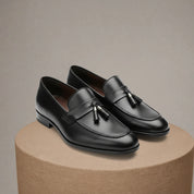 Men's Black Leather Moccasins with Tassels - pedestal-view