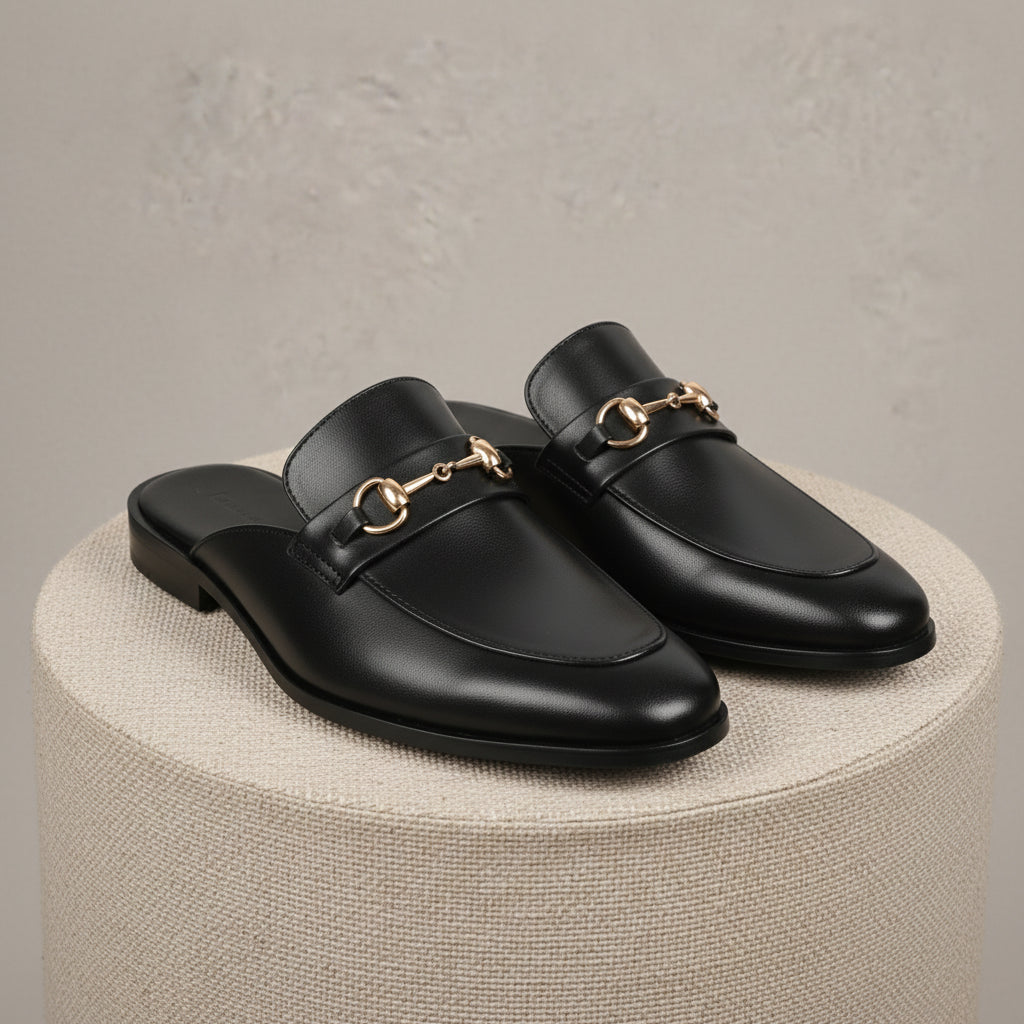 Men's Black Leather Mule Slippers with Flat Horsebit - pedestal-view