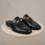 Men's Black Leather Mule Slippers with Flat Horsebit - pedestal-view