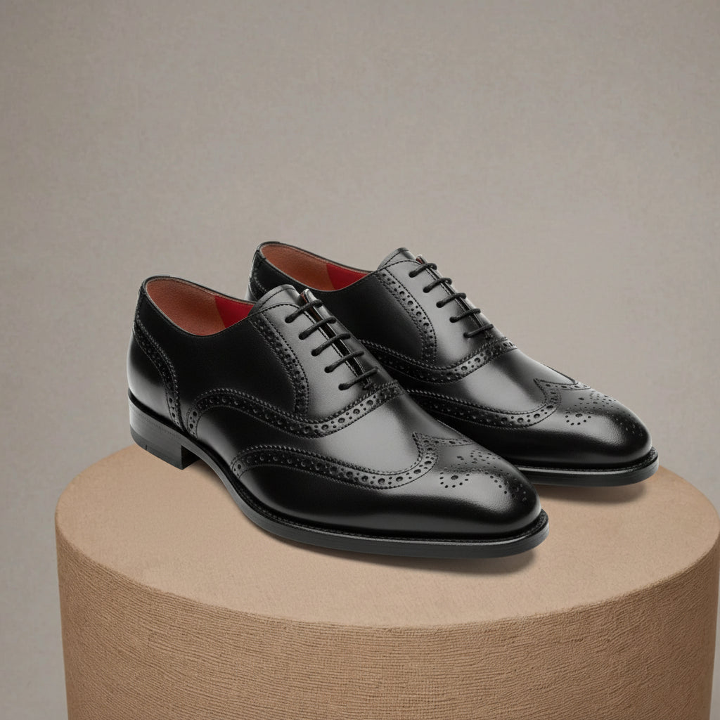 Men's Black Leather Wingtip Oxford Dress Shoes - pedestal-view