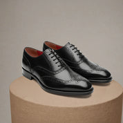 Men's Black Leather Wingtip Oxford Dress Shoes - pedestal-view