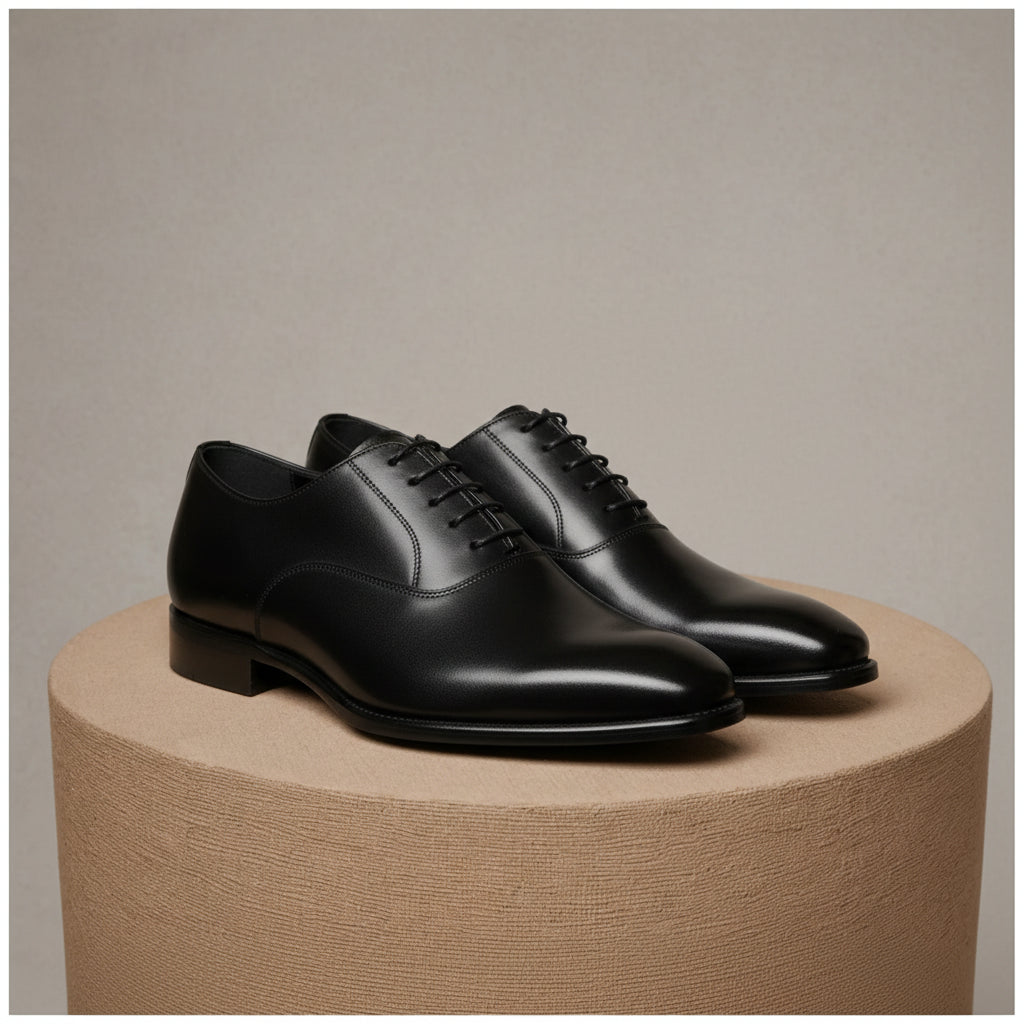 Men's Black Oxford Leather Dress Shoes - pedestal-view