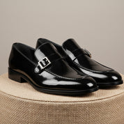 Men's Black Patent Leather Monk Shoes - pedestal-view