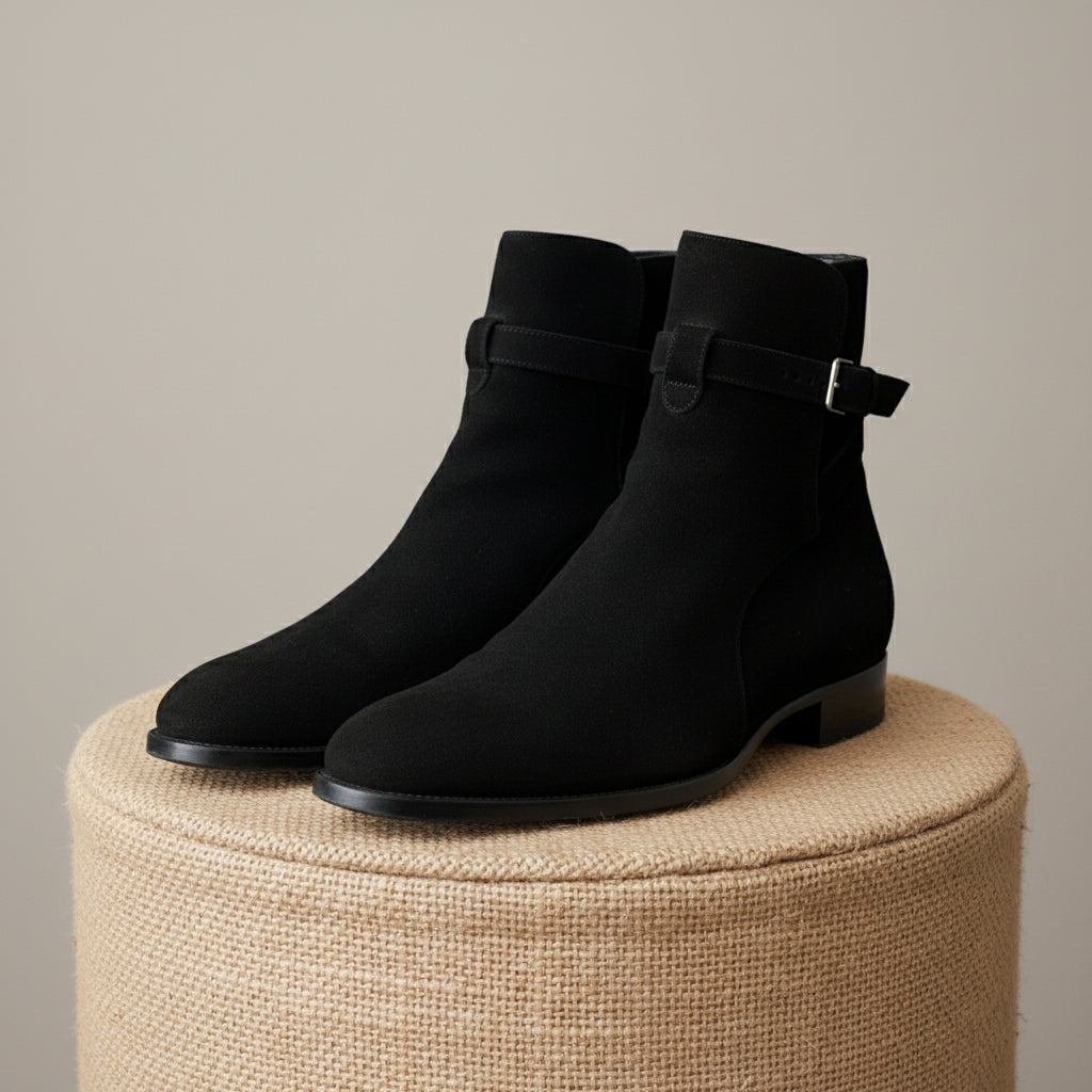 Men's Black Suede Jodhpurs Ankle Boots - pedestal-view