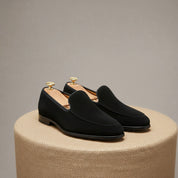 Men's Black Suede Penny Loafers - pedestal-view