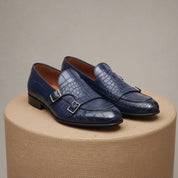 Men's Blue Crocodile Monk Strap Leather Shoes - pedestal-view