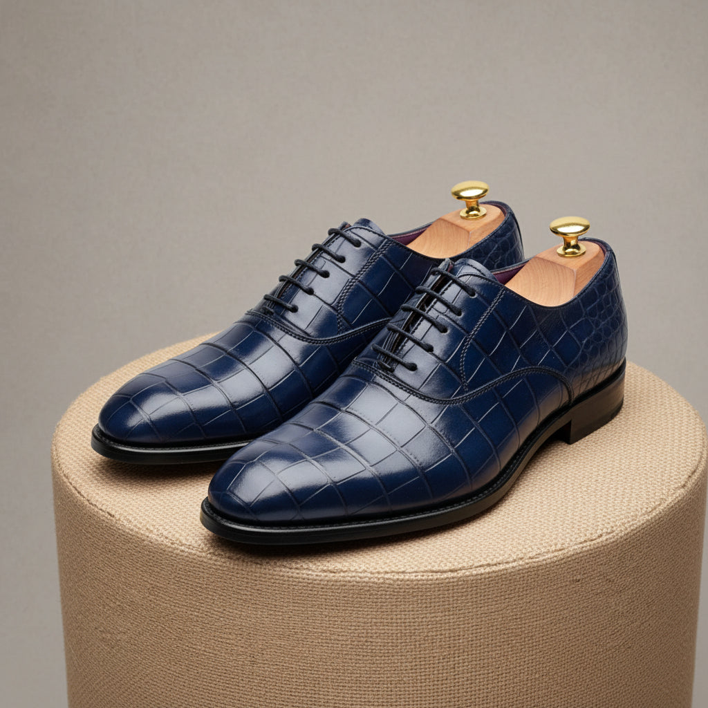 Men's Blue Lace-Up Crocodile Patterned Leather Shoes - pedestal-view