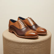 Men's Brown and Tan Leather Brogue Dress Shoes, Oxford Style - pedestal-view