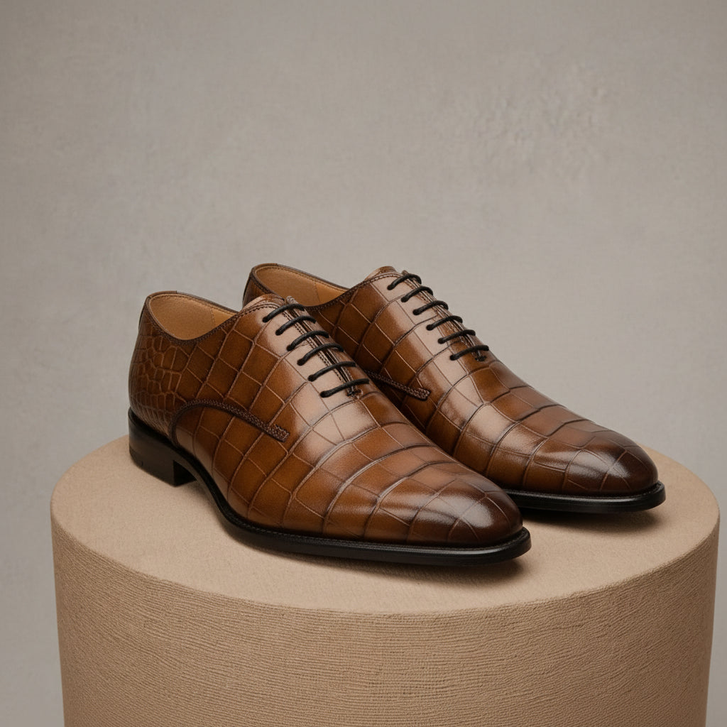 Men's Brown Crocodile-Textured Leather Dress Shoes - pedestal-view