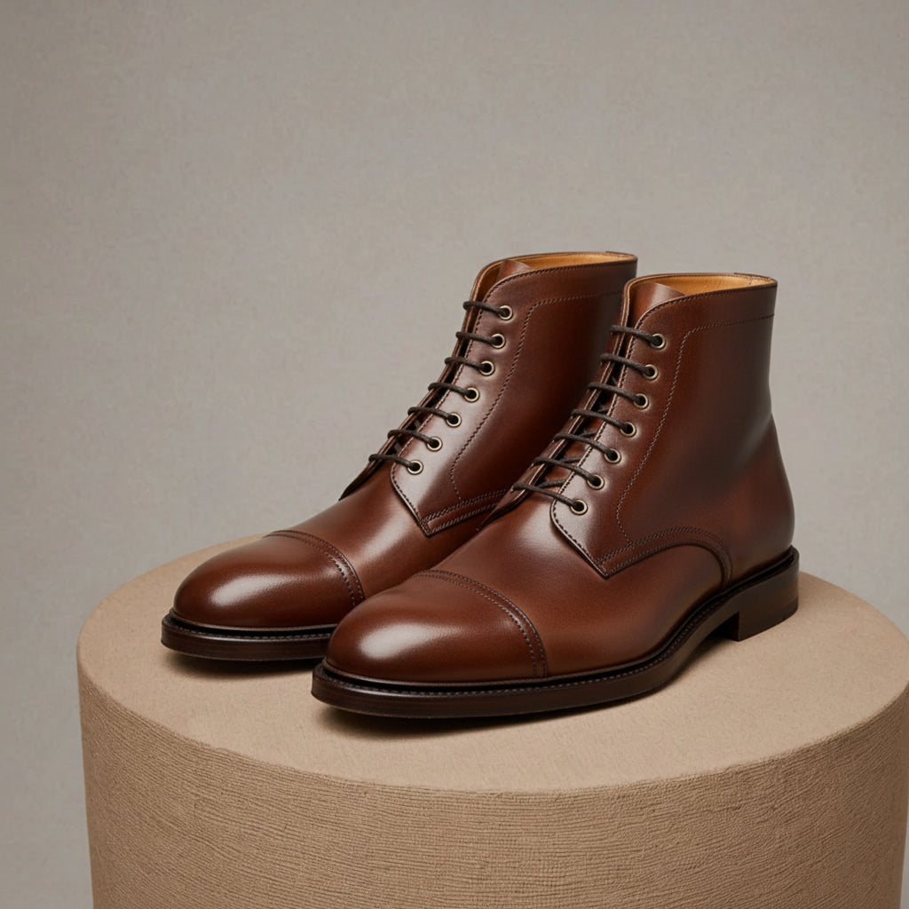 Men's Brown Leather Cap Toe Ankle Boots - pedestal-view