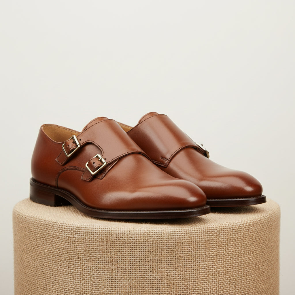 Men's Brown Leather Double Monk Strap Dress Shoes - pedestal-view