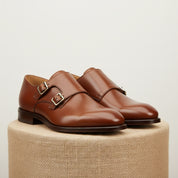 Men's Brown Leather Double Monk Strap Dress Shoes - pedestal-view