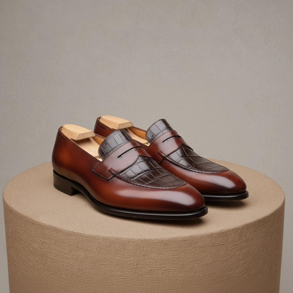 Men's Brown Leather Moccasins with Crocodile Texture - pedestal-view