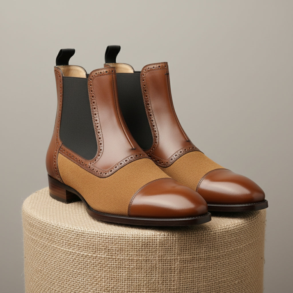 Men's Brown Leather & Suede Chelsea Boots - pedestal-view