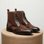 Men's Brown Leather Wingtip Lace-Up Ankle Boots - pedestal-view
