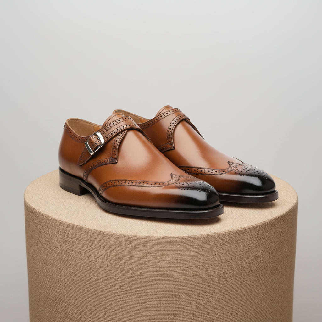 Men's Brown Monk Strap Leather Dress Shoes - pedestal-view
