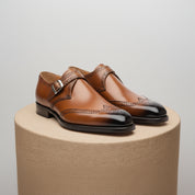 Men's Brown Monk Strap Leather Dress Shoes - pedestal-view
