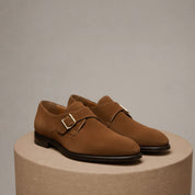 Men's Brown Suede Moccasin Shoes - pedestal-view