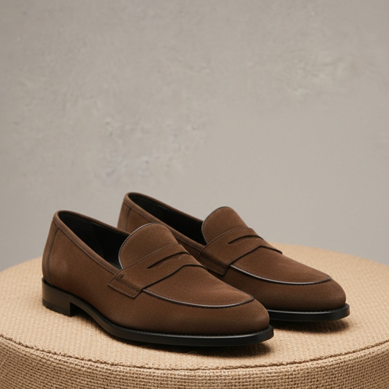 Men's Brown Suede Penny Loafers - pedestal-view