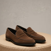 Men's Brown Suede Penny Loafers - pedestal-view
