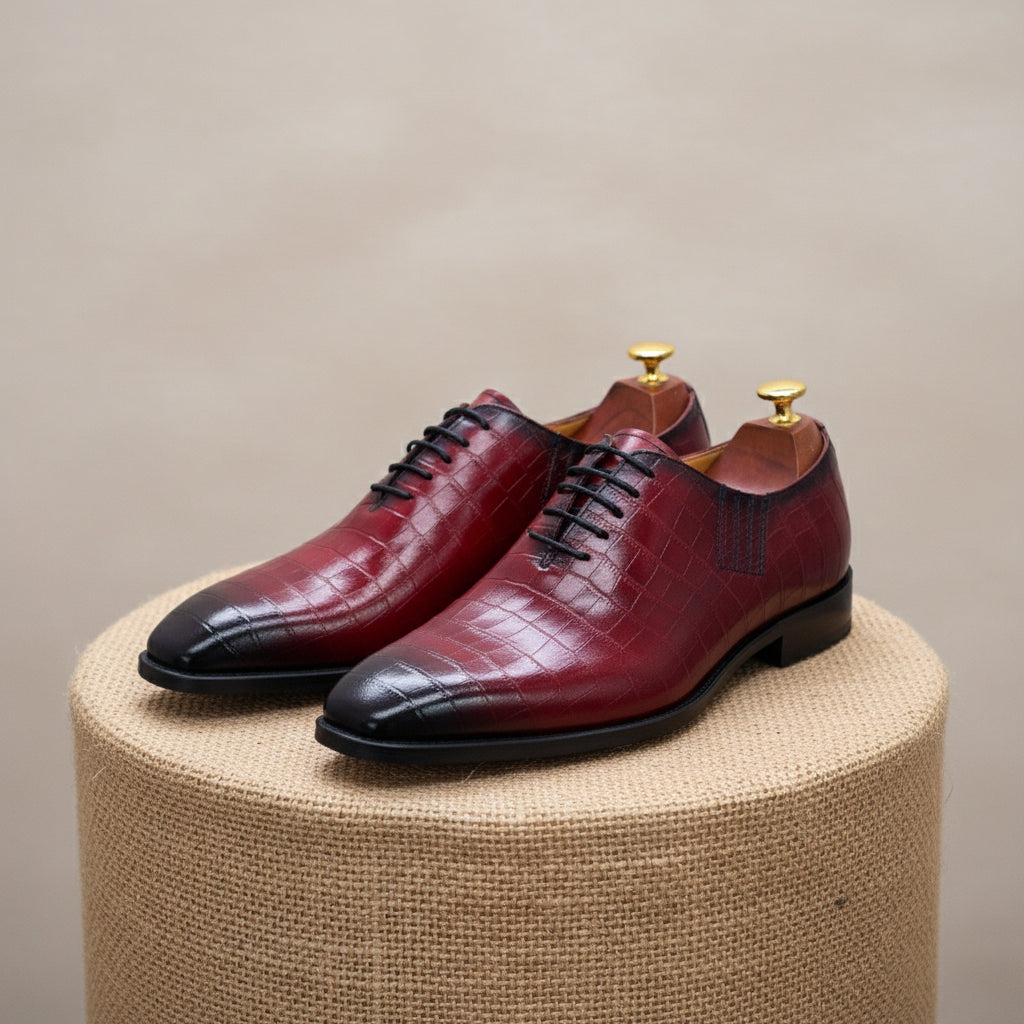 Men's Burgundy Crocodile Leather Dress Shoes - pedestal-view