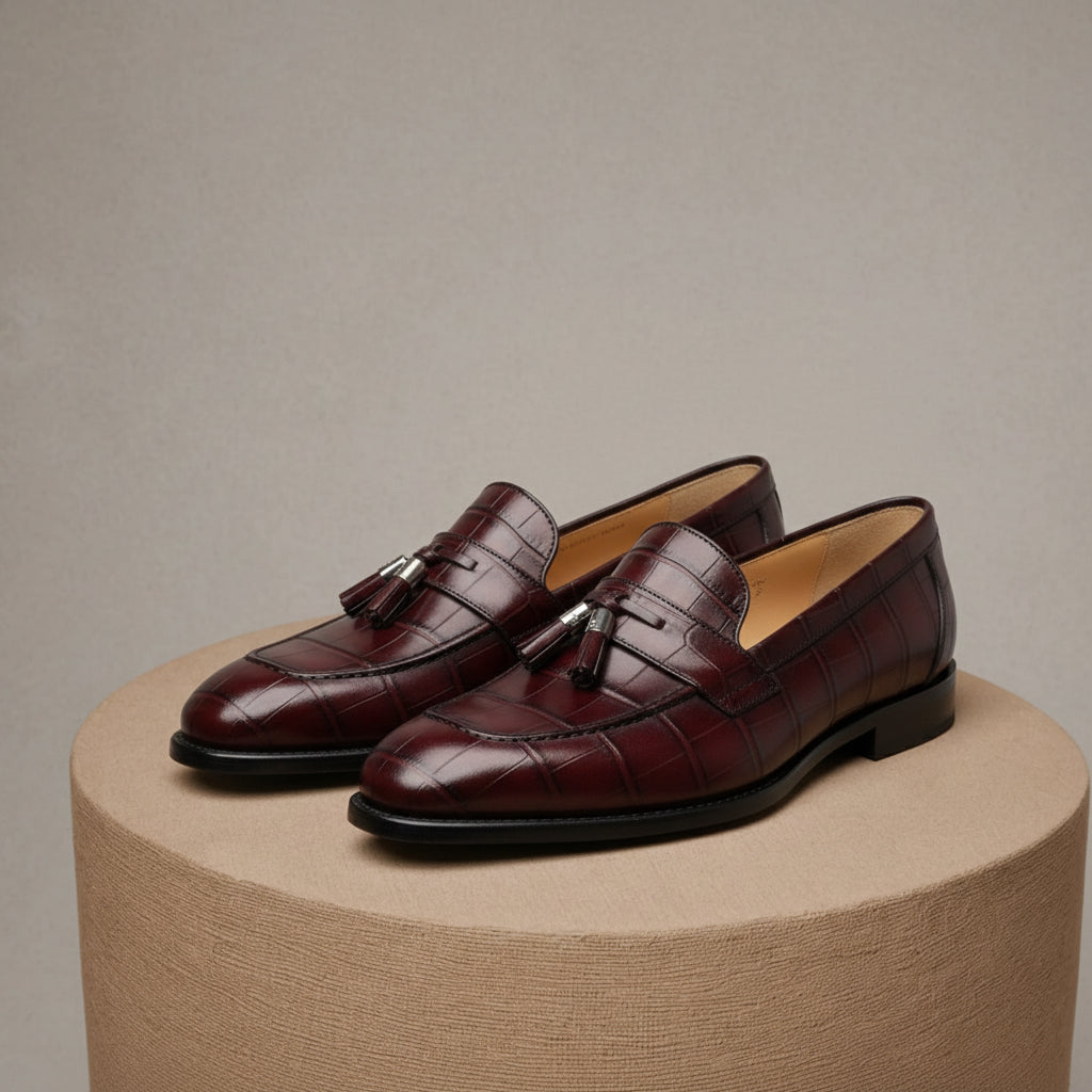 Men's Burgundy Crocodile Textured Leather Loafers - pedestal-view