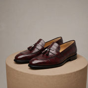 Men's Burgundy Crocodile Textured Leather Loafers - pedestal-view