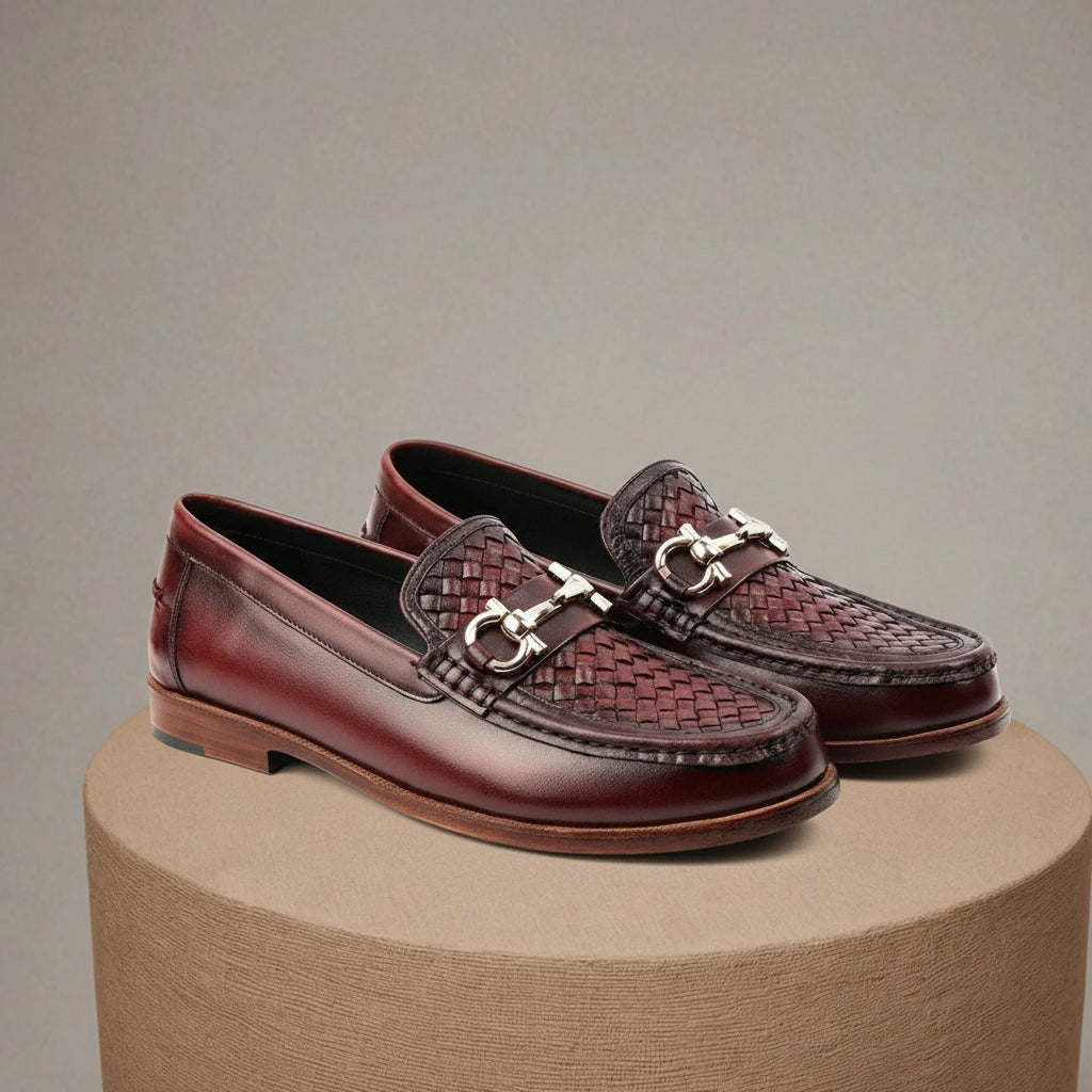 Men's Burgundy Genuine Leather Driving Shoes - pedestal-view