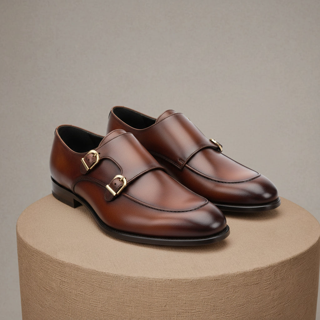 Men's Burgundy Leather Double Monk Shoes, Belgian Loafer Style - pedestal-view