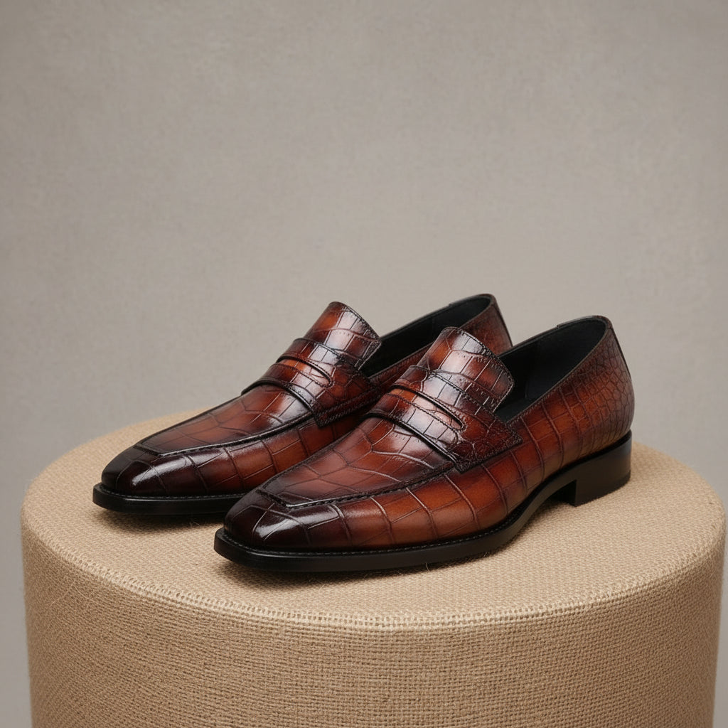 Men's Burgundy Leather Loafer Moccasins | Alligator Embossed Print - pedestal-view