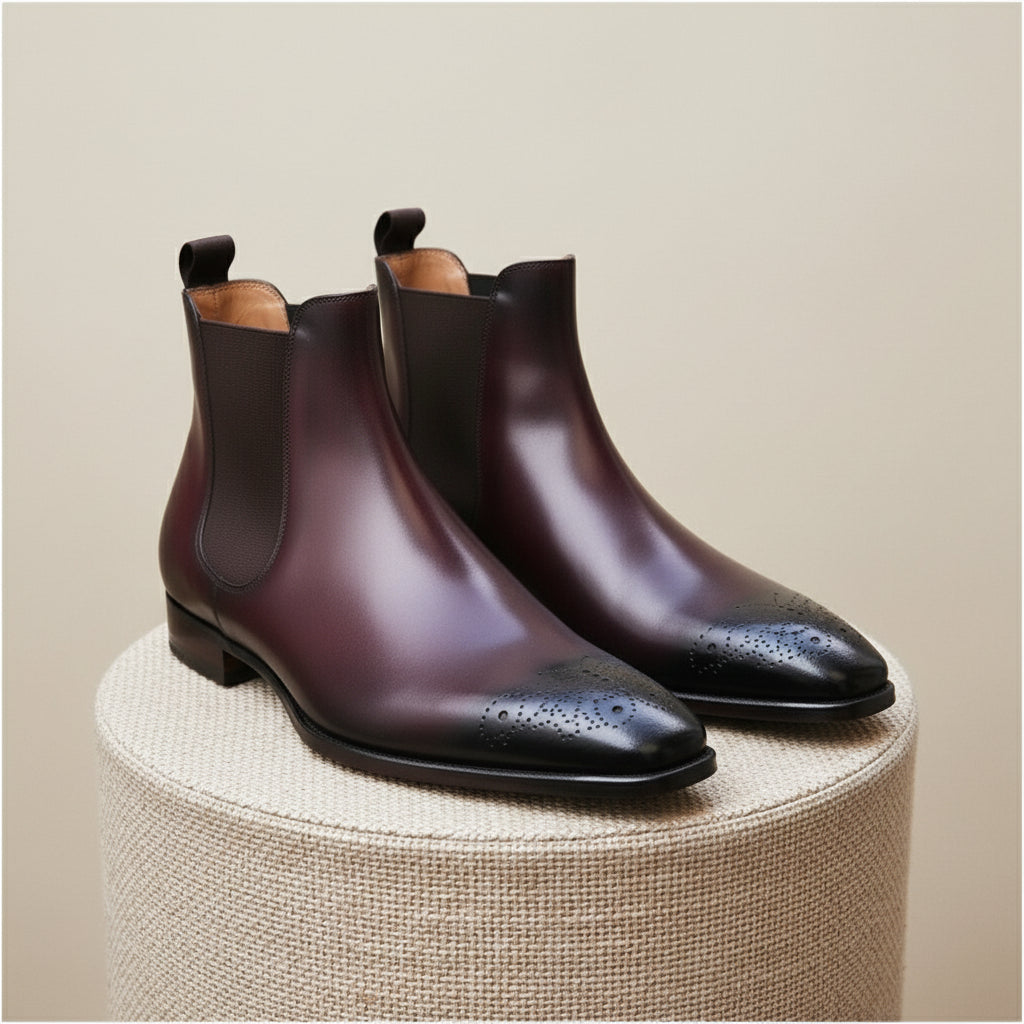 Men's Dark Burgundy Leather Chelsea Boots - pedestal-view