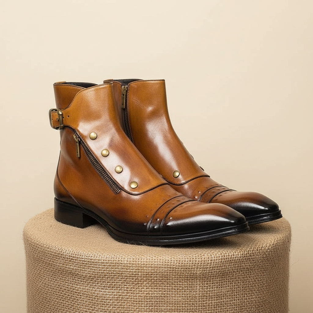 Men's Dark Tan Leather High Ankle Strap Boots - pedestal-view