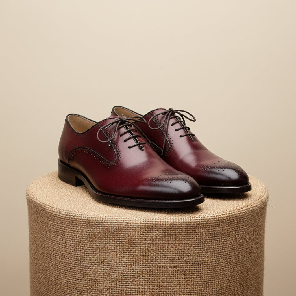 Men's Burgundy Brogue Leather Dress Shoes - pedestal-view