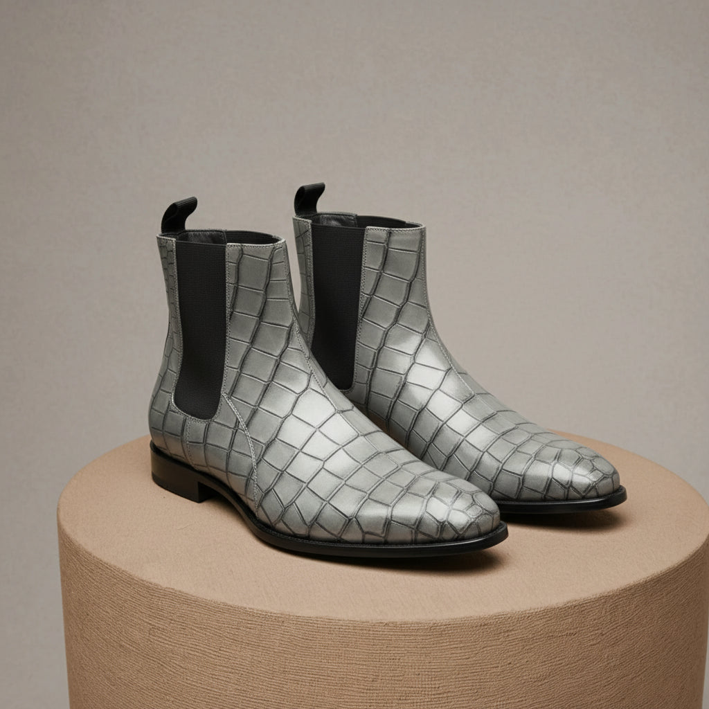 Men's Gray Crocodile Embossed Chelsea Leather Boots - pedestal-view