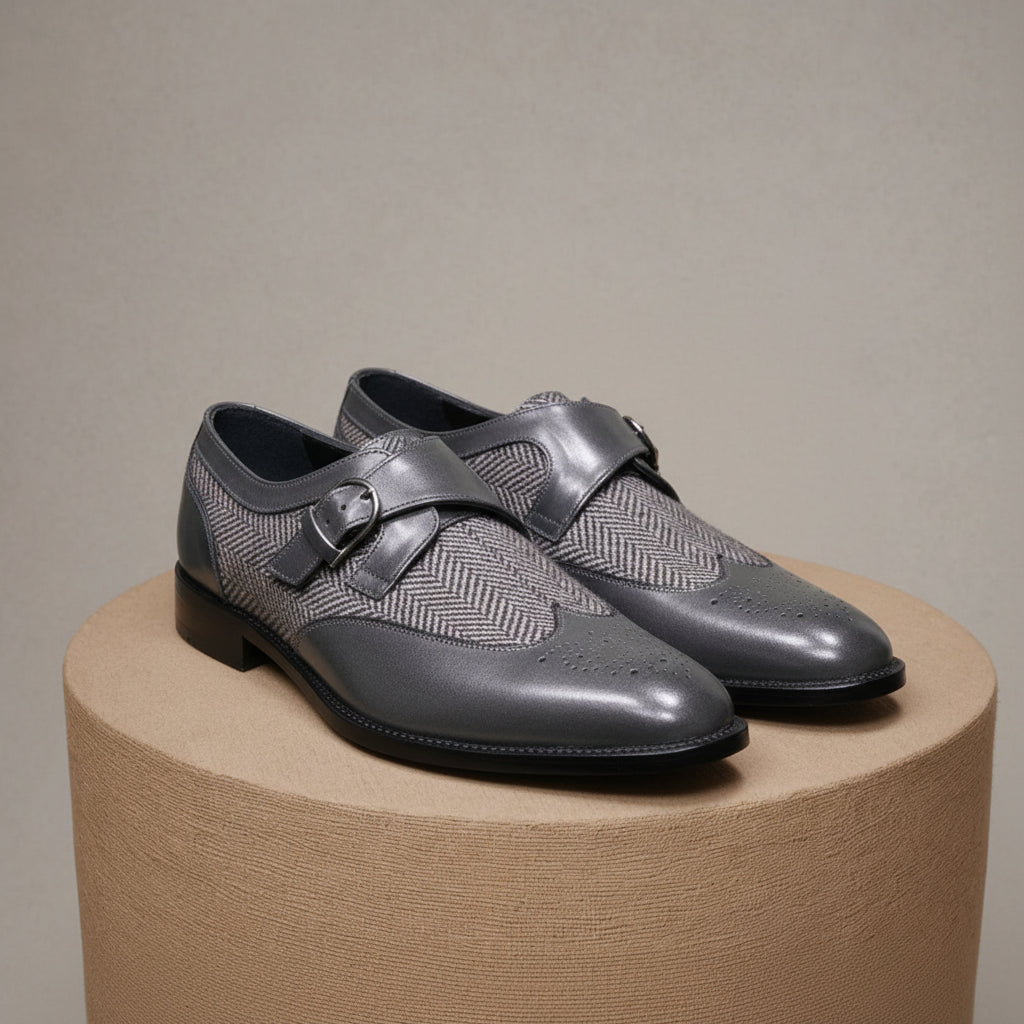 Men's Gray Wing Tip Monk Leather Shoes - pedestal-view