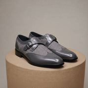 Men's Gray Wing Tip Monk Leather Shoes - pedestal-view
