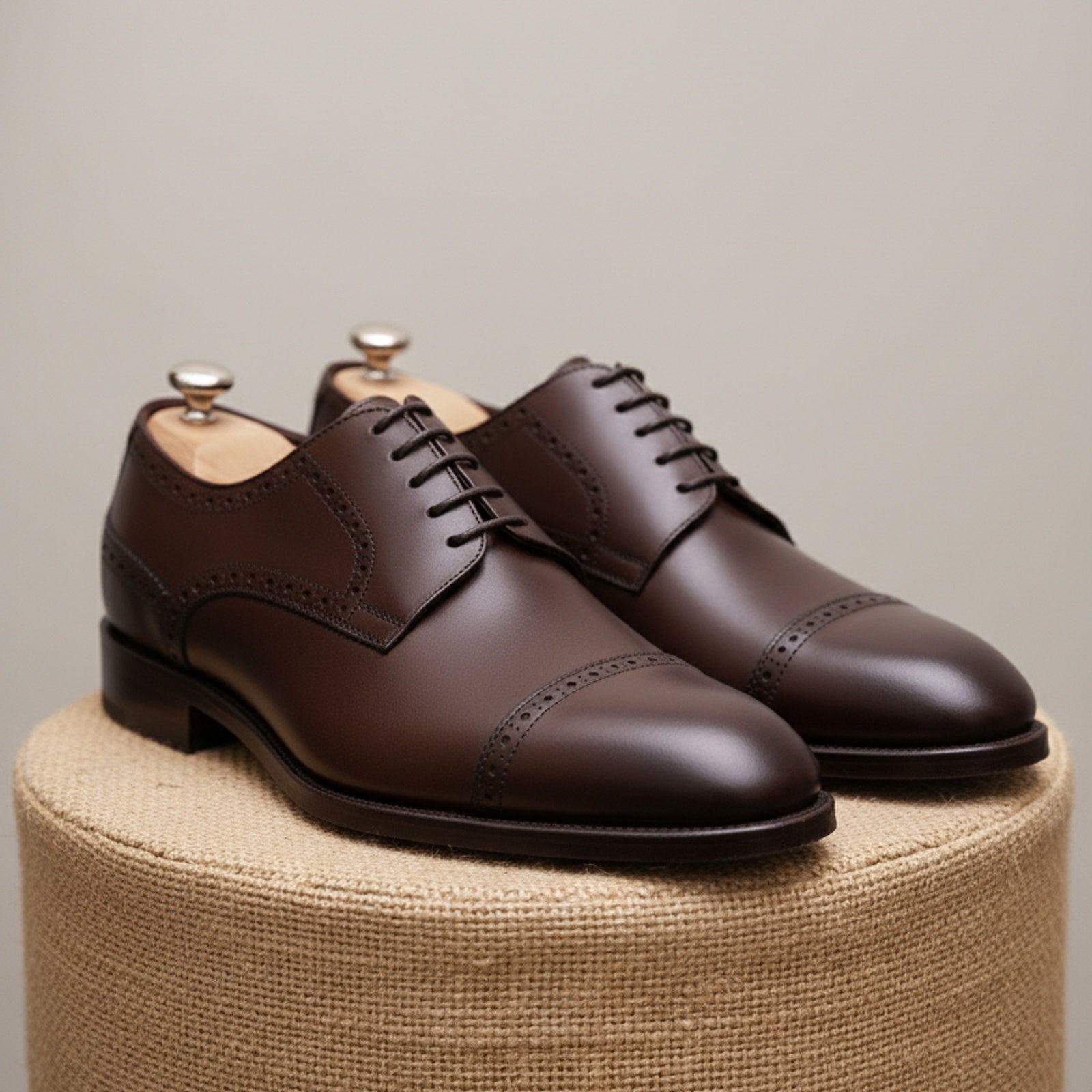 Men's Dark Brown Leather Oxford Dress Shoes - pedestal-view