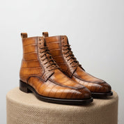 Men's Tan Brown Crocodile Leather Ankle Boots - pedestal-view