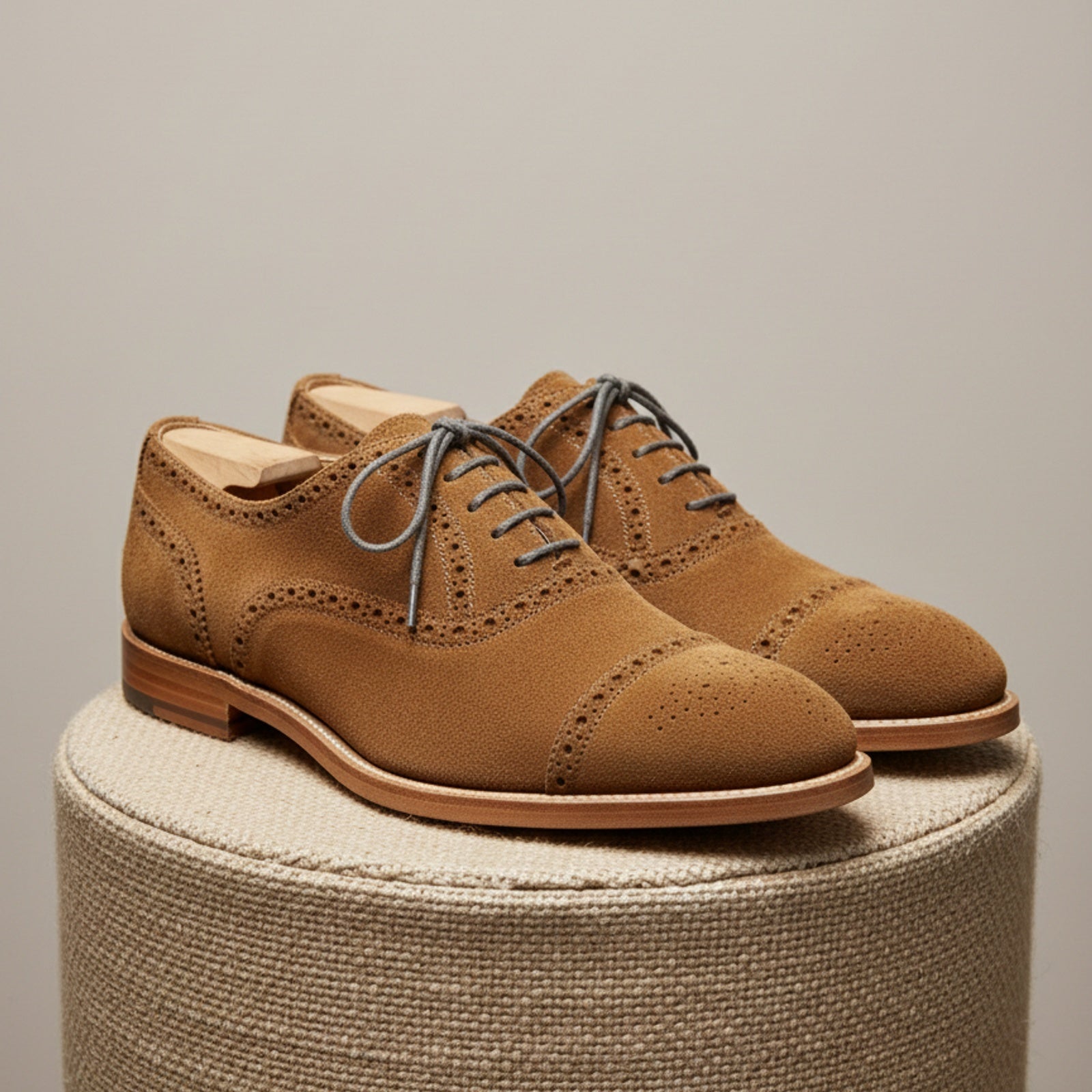 Men's Light Gray Suede Brogue Dress Shoes - pedestal-view