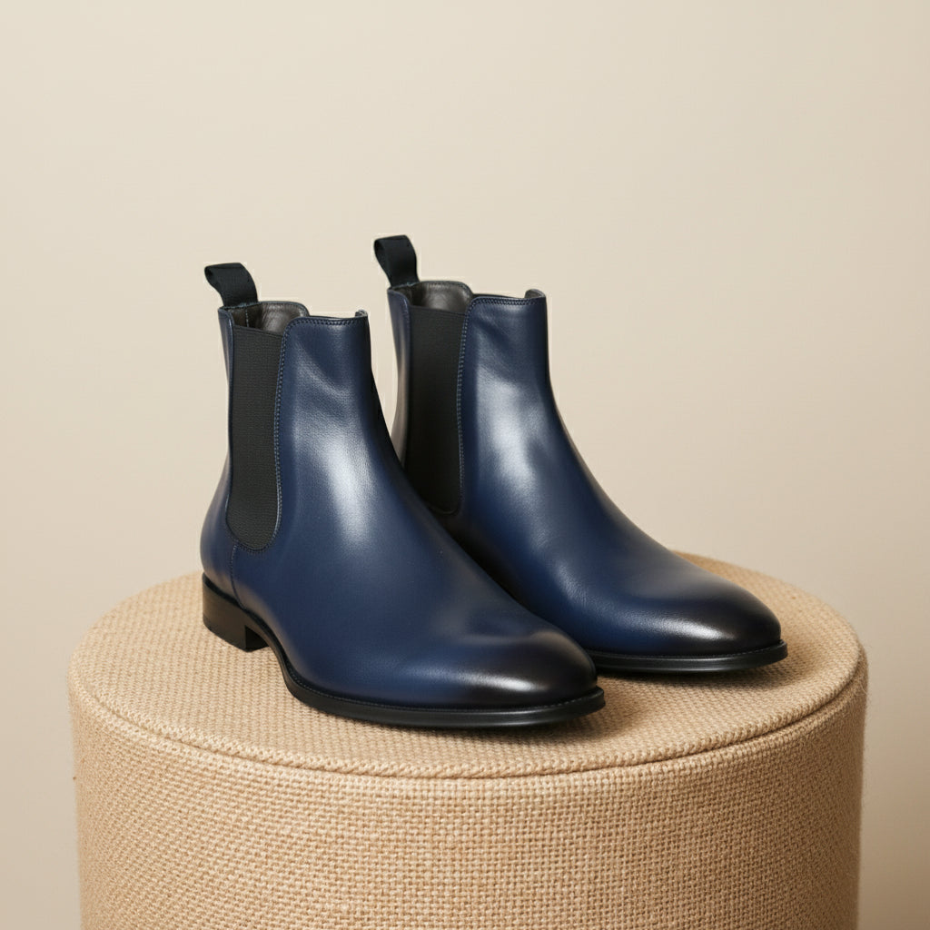 Men's Navy Blue Leather Ankle Chelsea Boots - pedestal-view